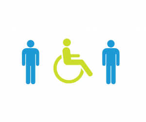 A stick figure in a wheelchair between 2 standing stick figures