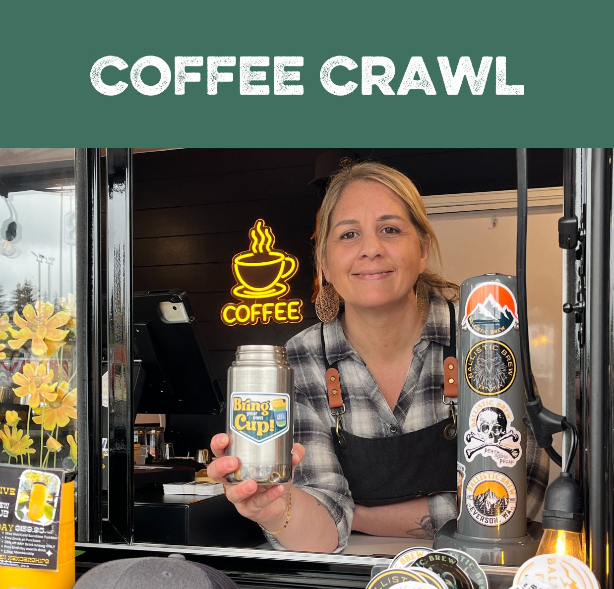 Coffee Crawl_Square Image Block Coffee cart owner smiles through window while holding a travel mug and text that reads Coffee Crawl