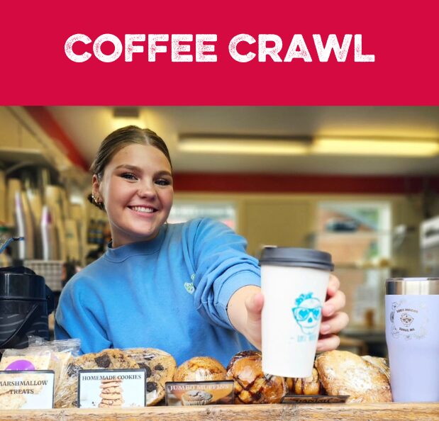 Image of barista handing a coffee cup from window with headline: Coffee Crawl