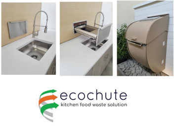 Ecochute product photos, sink, drawer and collection bin. 