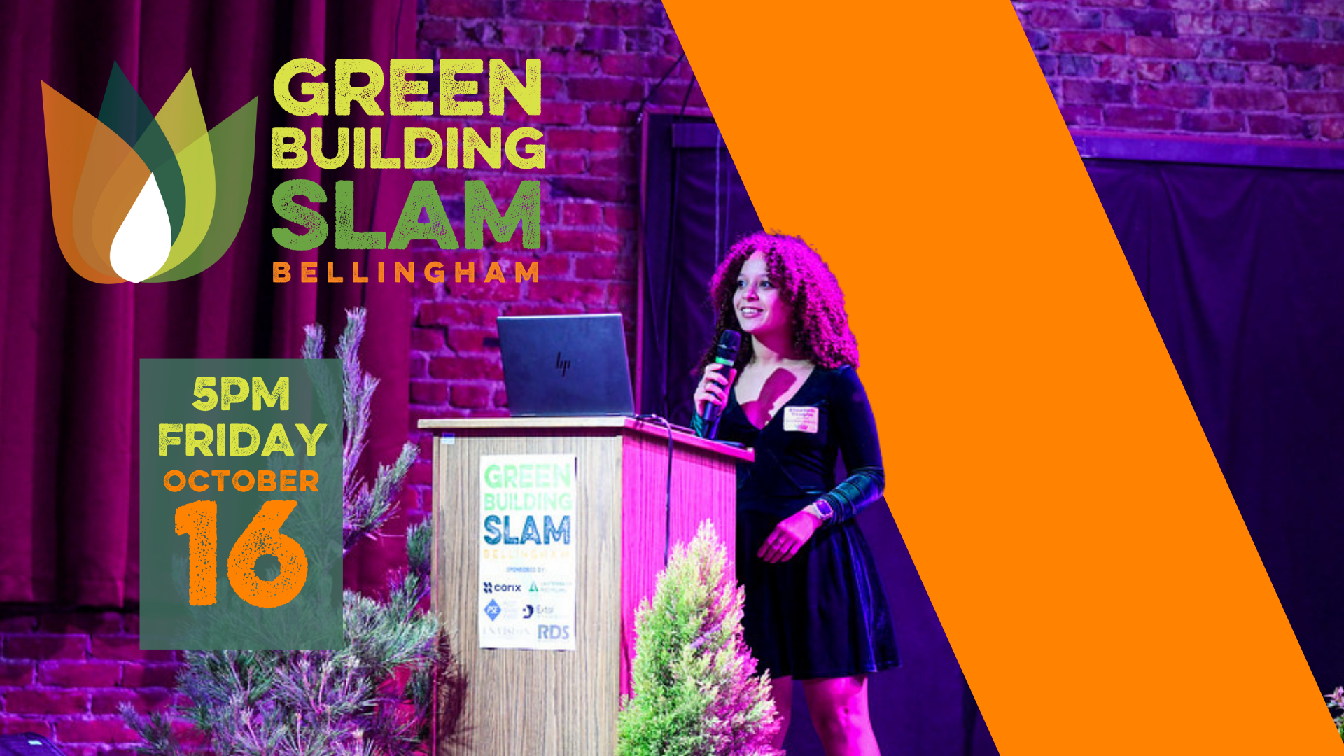 Facebook Header - GBS 2026 Green Building Slam logo, woman speaking at podium