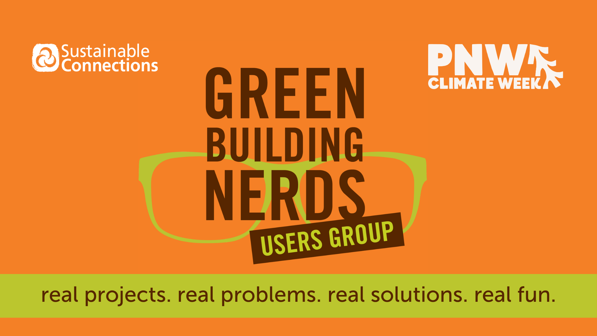 Green Building Nerds logo, with Sustainable Connections and PNW Climate Week logos