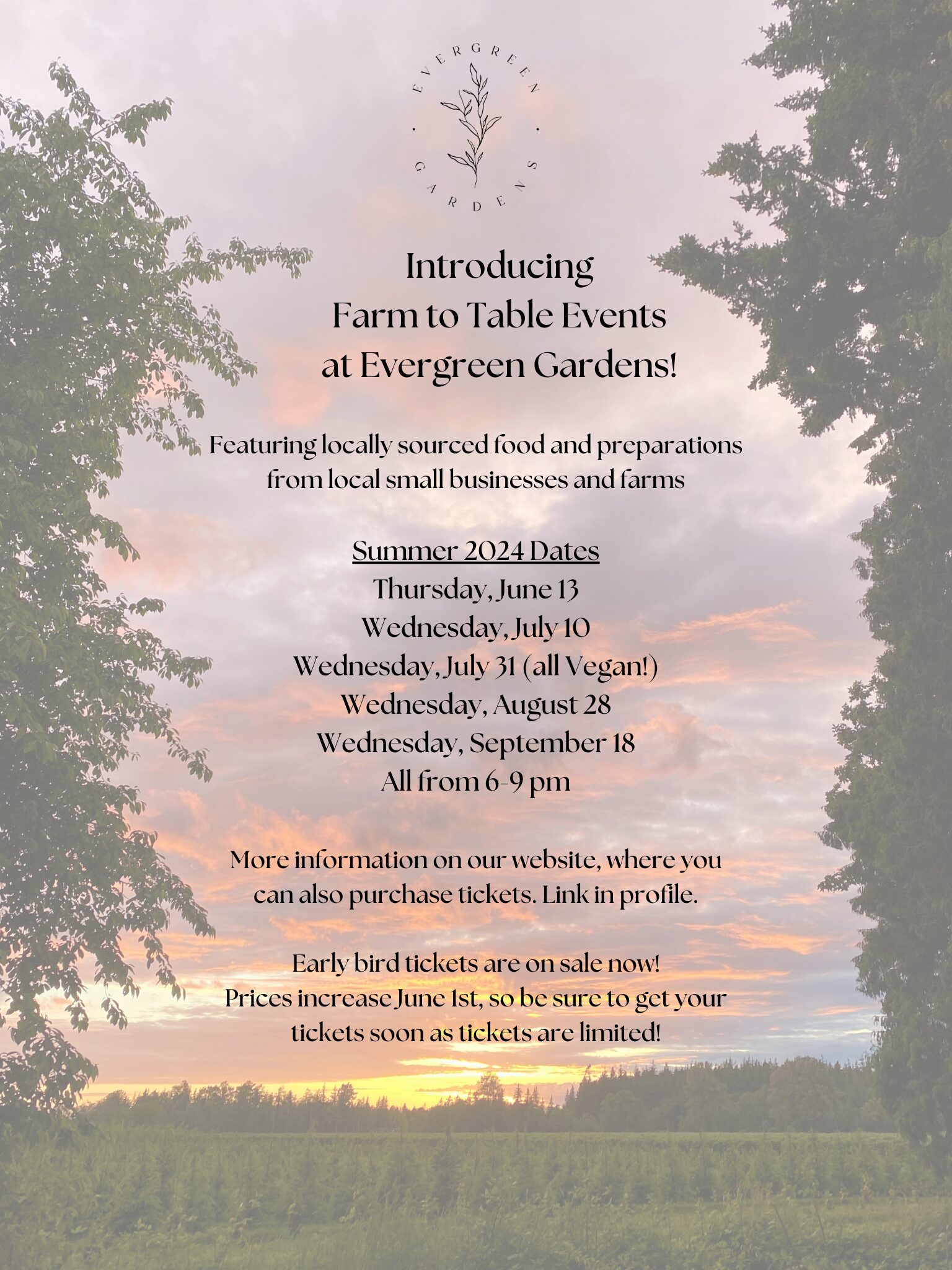 Image with text overlay, information about farm to table dinner at Evergreen Gardens
