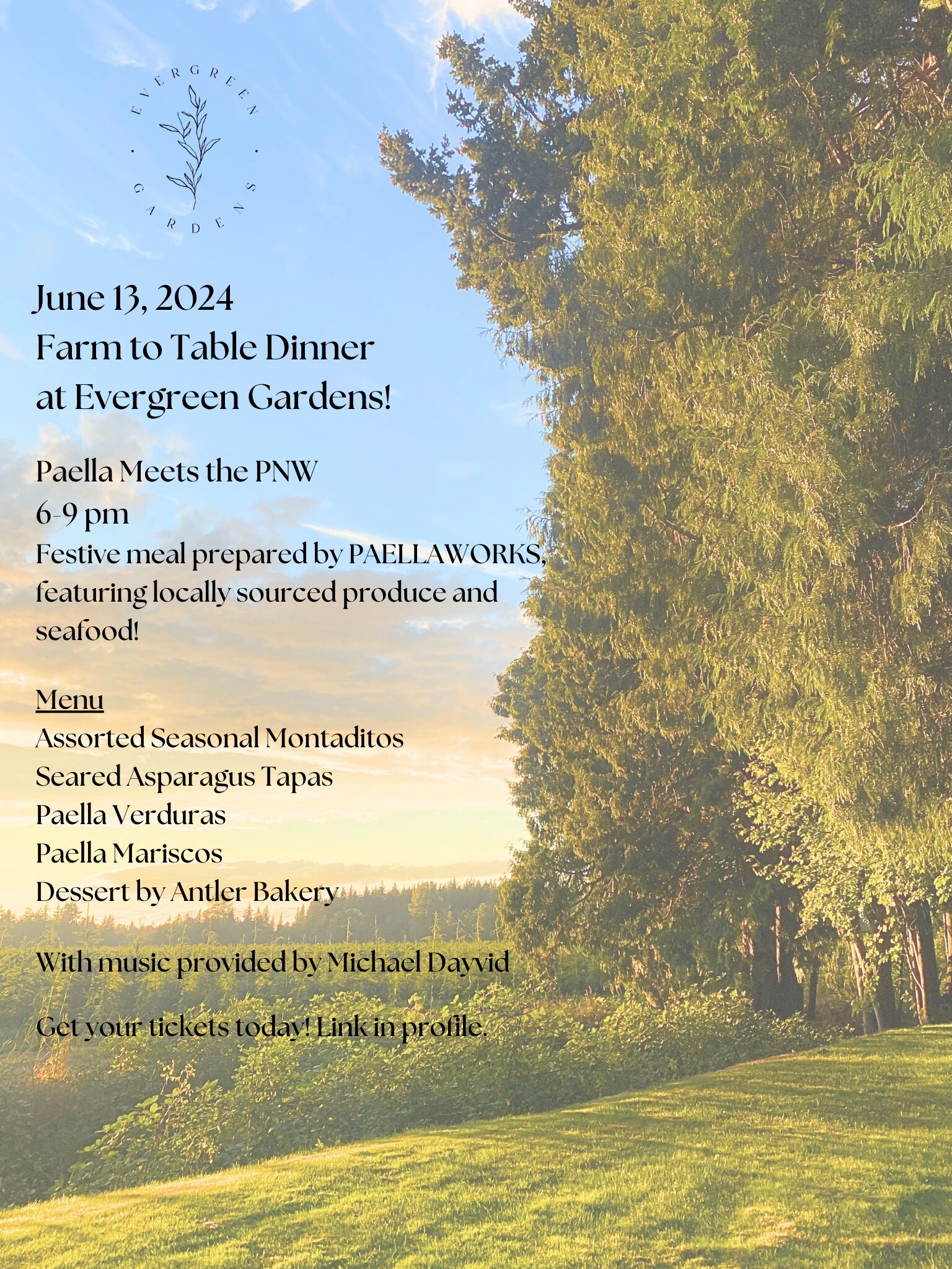 Evergreen gardens farm to table dinner information text on image