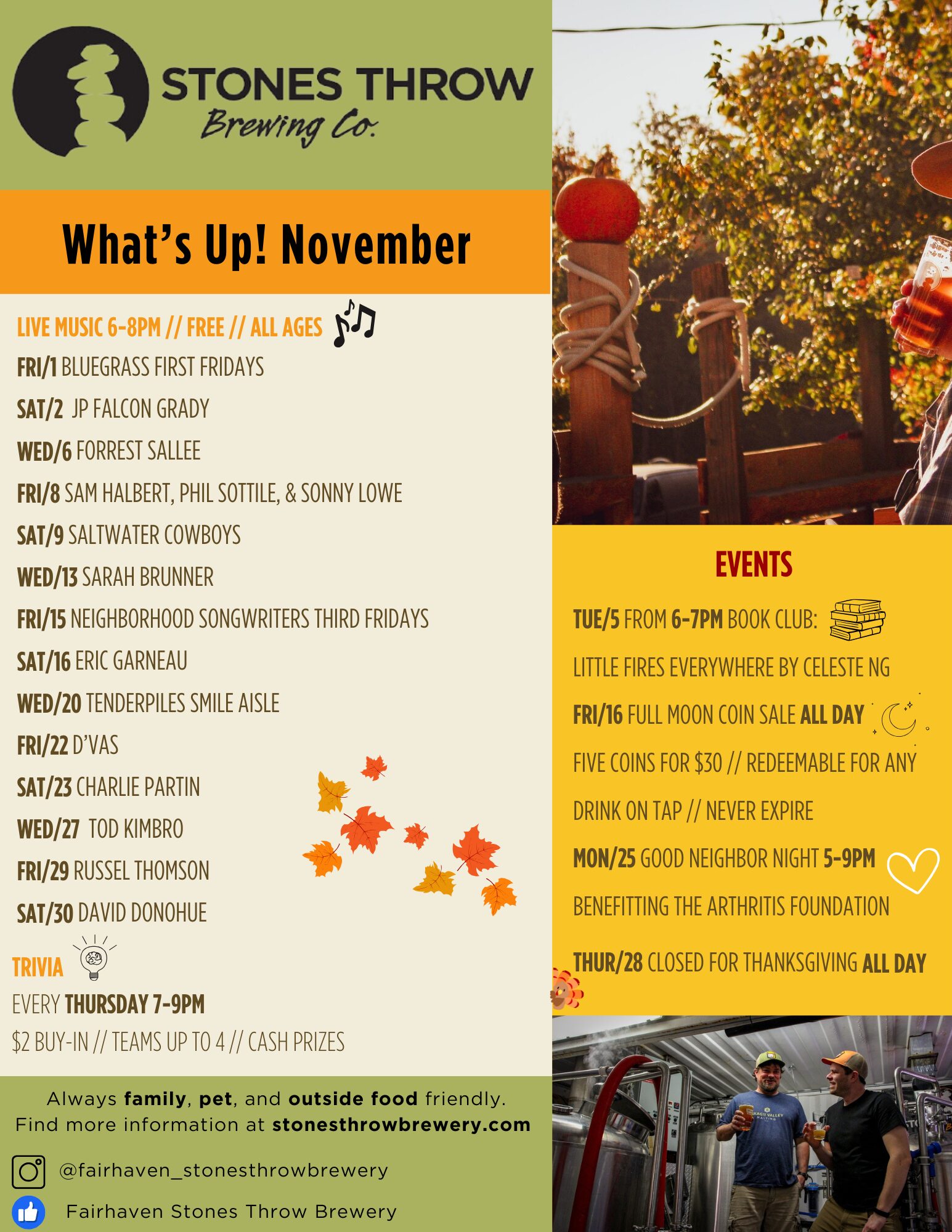 November schedule of events for Stones Throw Brewery