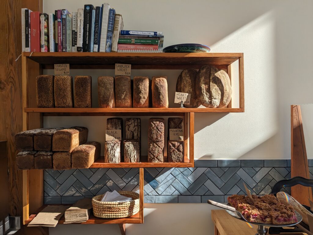 sun shines on a bakery wall full of bread and pastries