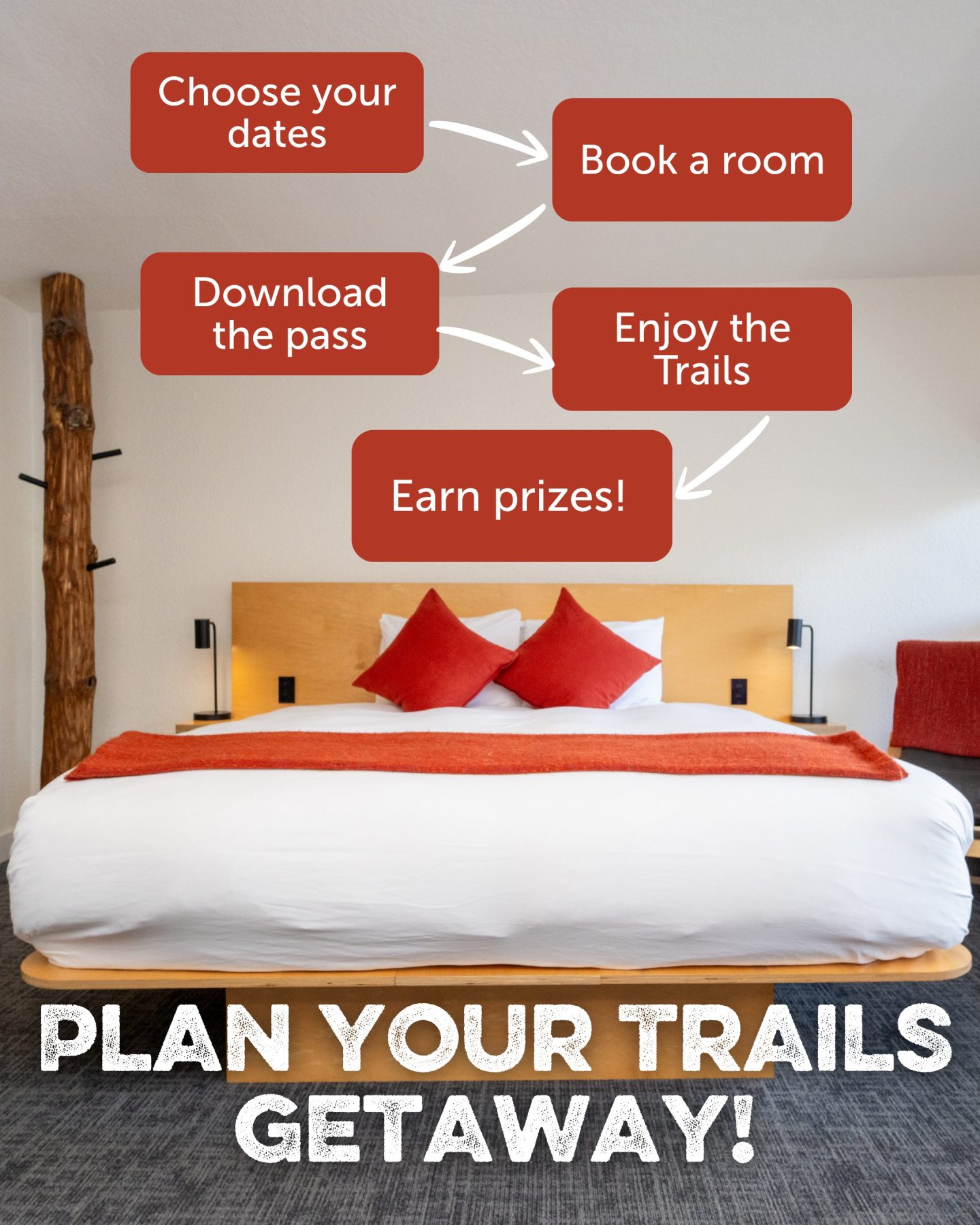 Plan your Trails getaway! Choose your dates, book your room download the pass, enjoy the Trails, earn prizes! 