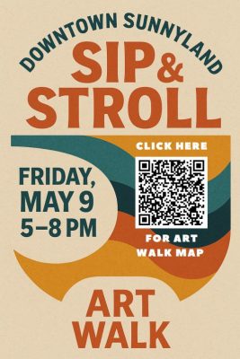 Sunnyland sip & stroll poster with QR code linking to map. Friday May 9th from 5-8pm. 