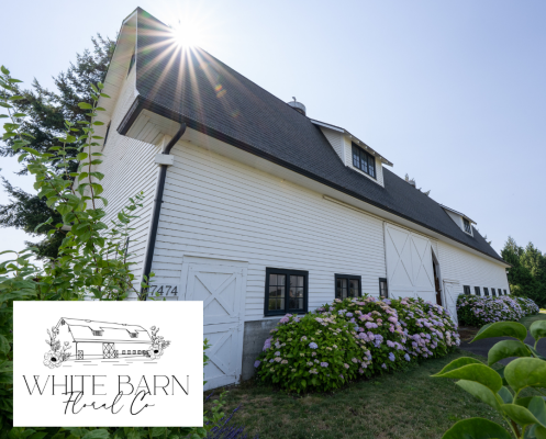 Photo of a white barn with the sun peeking out and logo for white barn floral on bottom right corner