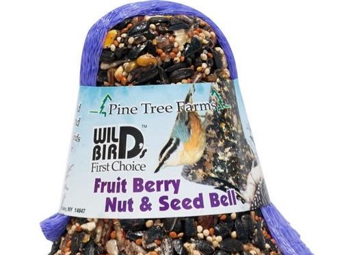 A bell-shaped bird feeder made of fruits, berries, nuts, and seeds.